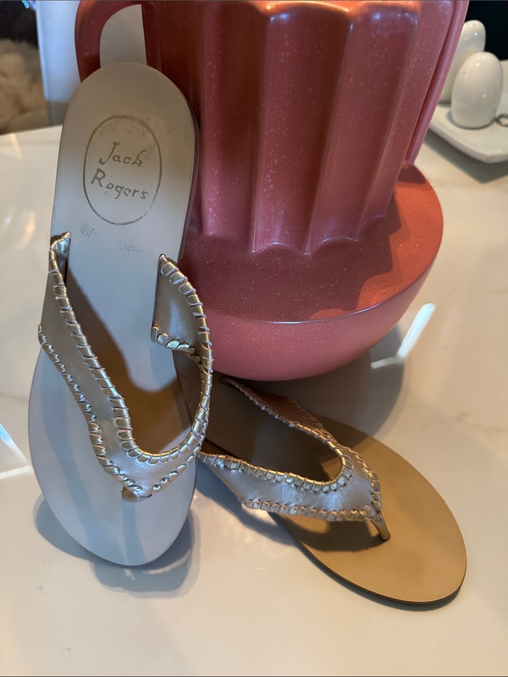 Jack Rogers Metallic Leather Gold Whipstitch Thong Sandals